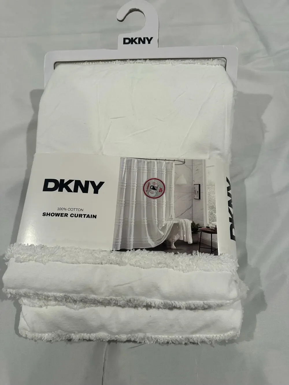 NWT DKNY Chenille Stripe Shower Curtain 72x72 White 100% Cotton Farmhouse Boho